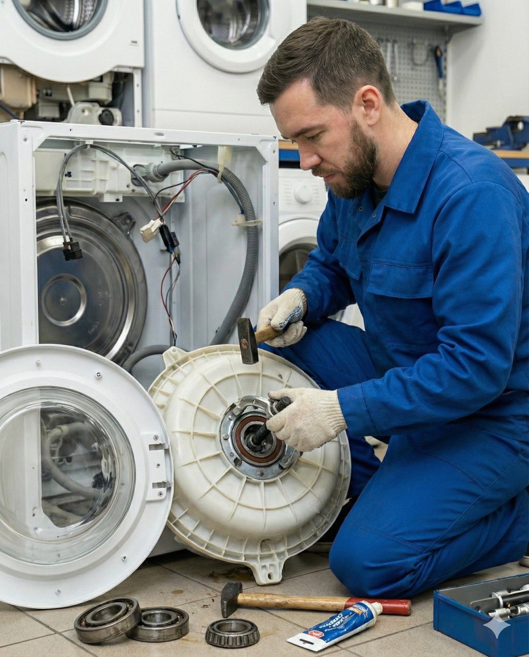 Technician working on washing machine drum components